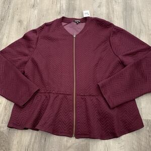 TORRID Womens Quilted Peplum Full Zip Fray Accent Jacket Wine Size 4 Comfy Soft